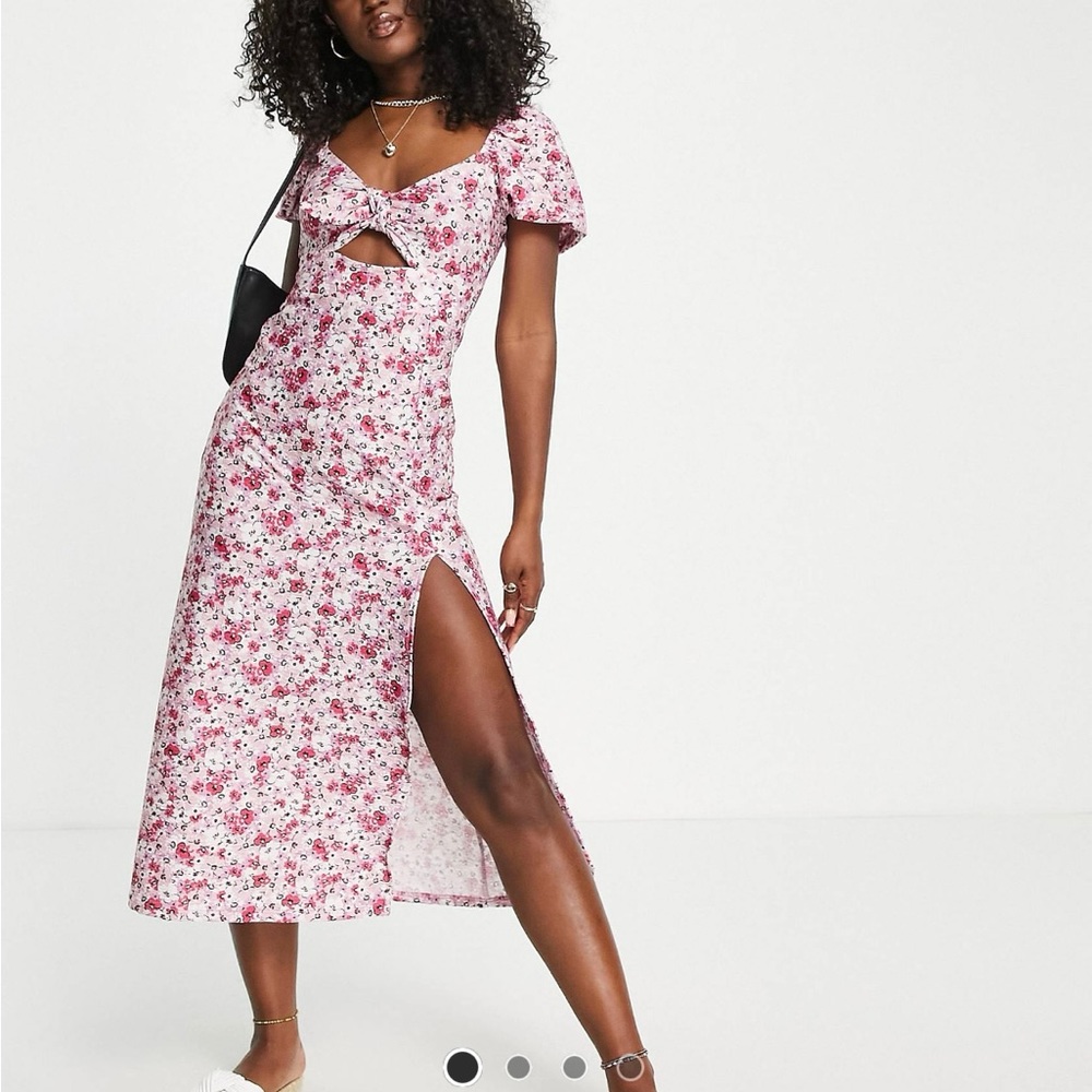 Twisted front midi dress in pink floral